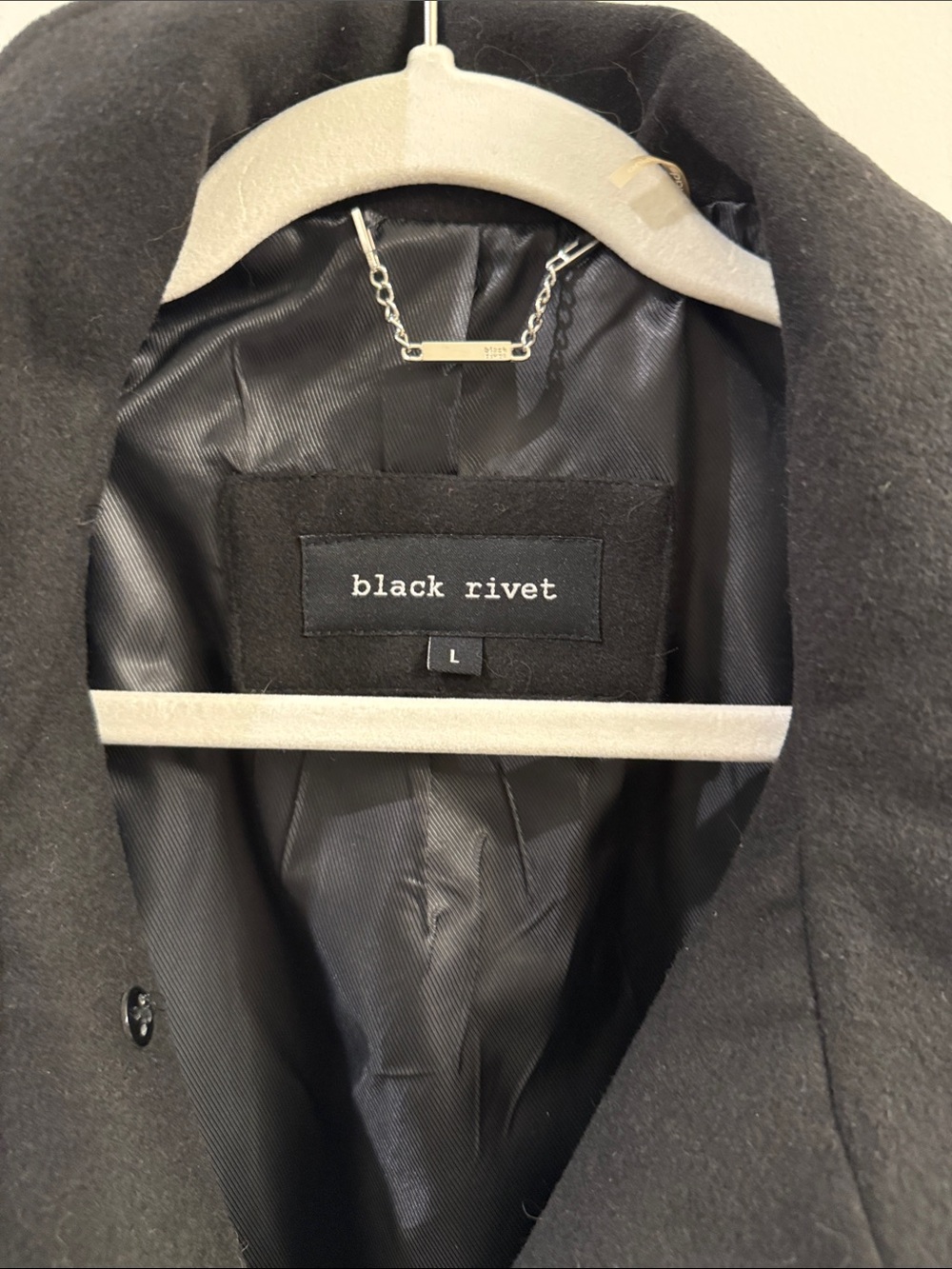 Black Rivet Black Double-Breasted Pea Coat with Wide Collar - Picture 5 of 6